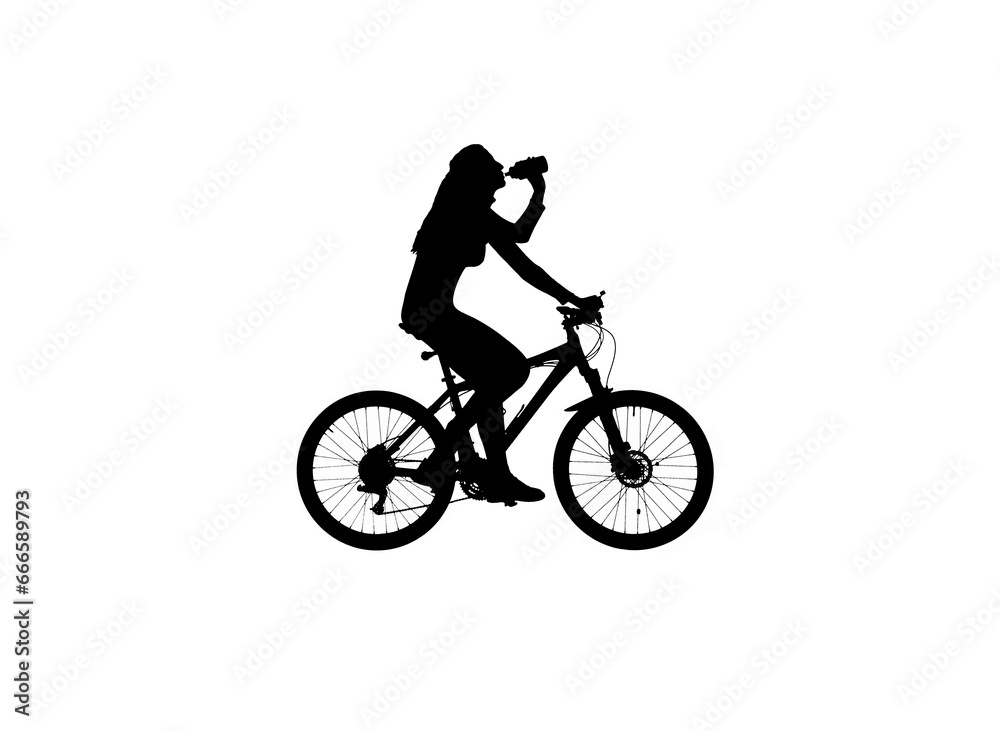 Black silhouette of female drinking water from bottle on a bike, isolated on white background alpha channel. Black silhouette of female drinking water from bottle on a bike, isolated on white background alpha channel.