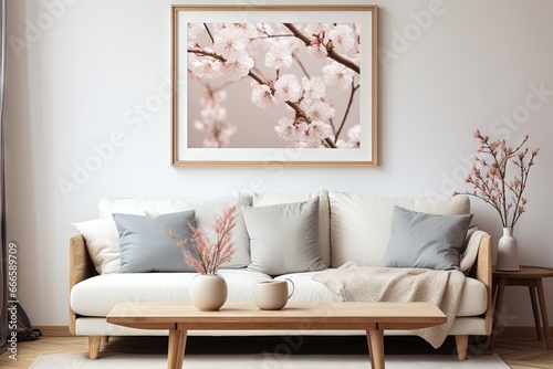 Intérieur de salon scandinave de printemps moderne. Canapé avec coussins en lin rayé bleu pâle. Fleurs de prunier cerisier dans un vase. IA générative, IA