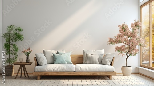 Intérieur de salon scandinave de printemps moderne. Canapé avec coussins en lin rayé bleu pâle. Fleurs de prunier cerisier dans un vase. IA générative, IA photo