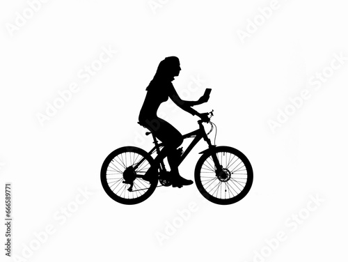 Black silhouette of female texting on smartphone riding a bike, isolated on white background alpha channel. © kinomaster