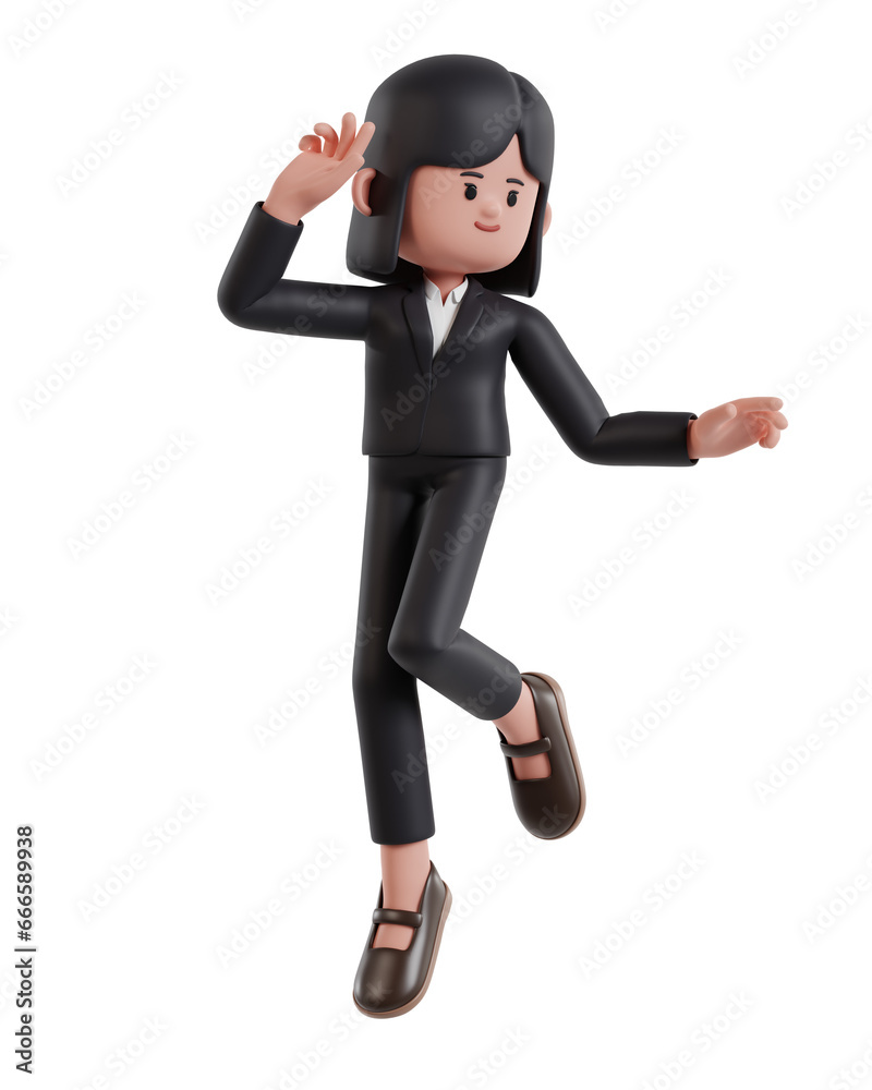 3d Illustration of Cartoon Happy successful businesswoman jumping