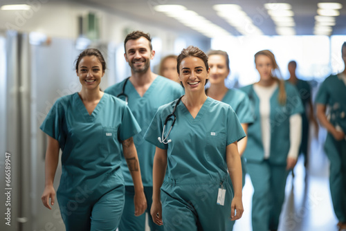 équipe médicale d'un hôpital qui marchent heureux dans les couloirs