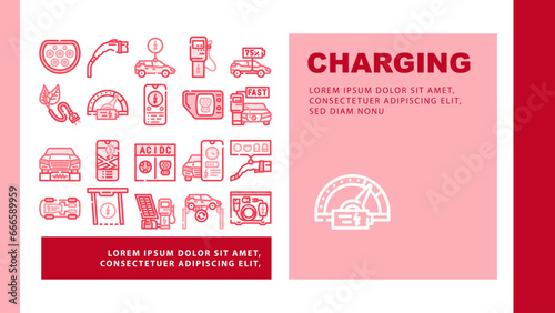 electric car charging landing web page vector. station energy, vehicle auto, battery green, recharge power, hybrid, transport electric car charging Illustration