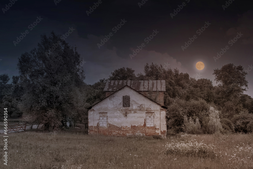 Fototapeta premium Gloomy Halloween landscape with an abandoned house and the moon.