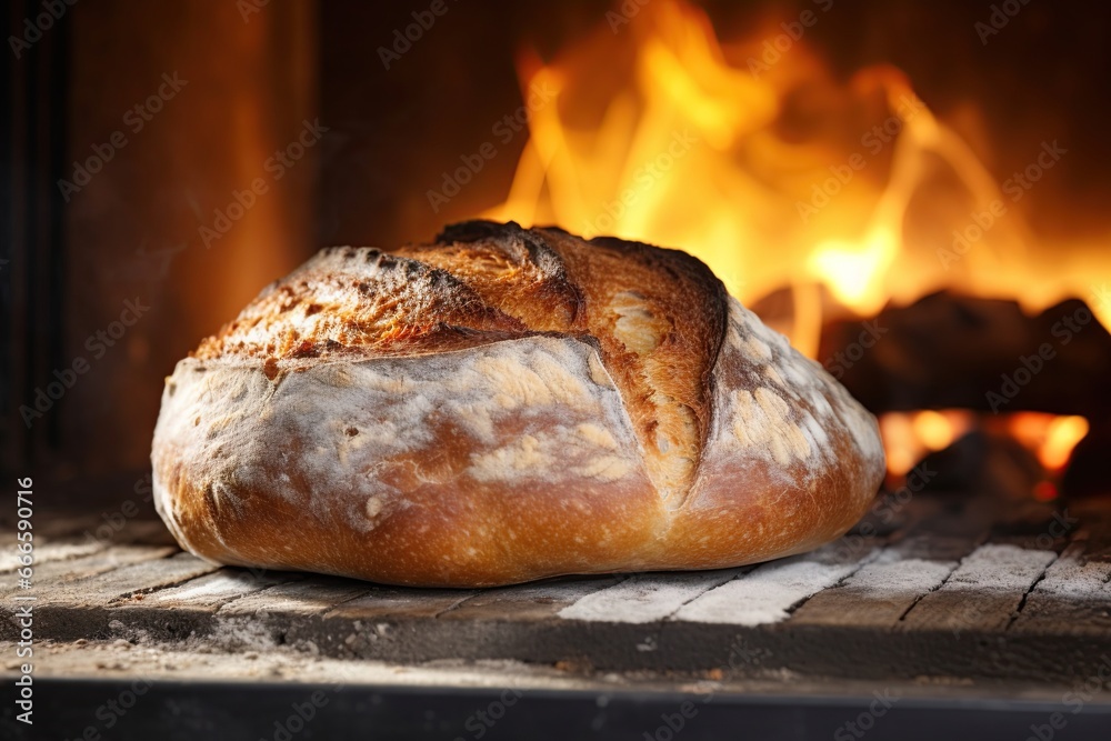 Loaf of rustic bread wit wood fired owen in background. Generative Ai
