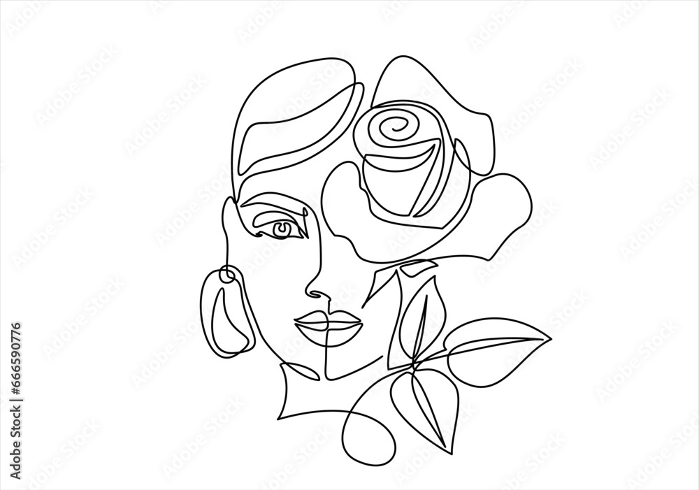 Fototapeta premium Continuous one line drawing. Style templates with abstract female face and rose. Modern minimalist simple linear style. Beauty fashion design