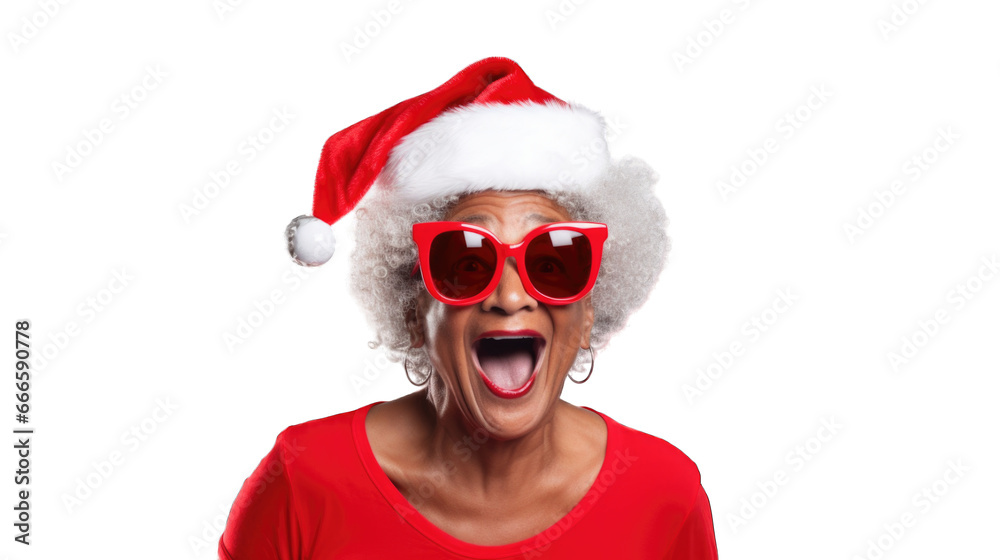 Close up portrait of mature black woman wearing Santa Claus hat during Christmas. Transparent background or PNG file. Generated by AI Close up portrait of mature black woman wearing Santa Claus hat during Christmas. Transparent background or PNG file. Generated by AI