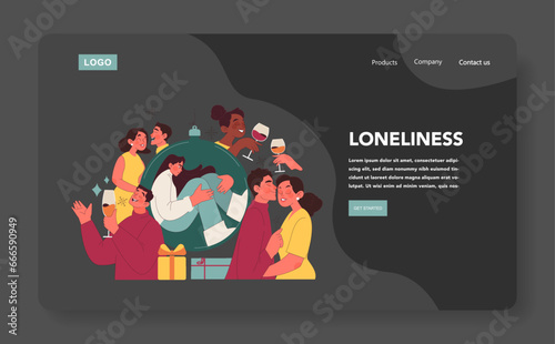 Christmas loneliness dark mode or night mode web banner or landing page.
