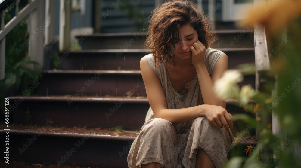 young european sad woman sitting on the stairs at home and crying, depression, grief, sadness, crisis, anxiety, melancholy, homeless girl, facial expression, emotions, pain, feelings, street, person young european sad woman sitting on the stairs at home and crying, depression, grief, sadness, crisis, anxiety, melancholy, homeless girl, facial expression, emotions, pain, feelings, street, person