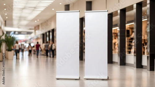 blank roll up banner mockup stand on public place