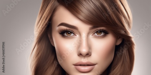 Portraits Close-up focus face of beautiful young female model. Focus on clear sparkling eyes, bright white skin, light gray background. copy space for text advertising media. skin care cosmetics