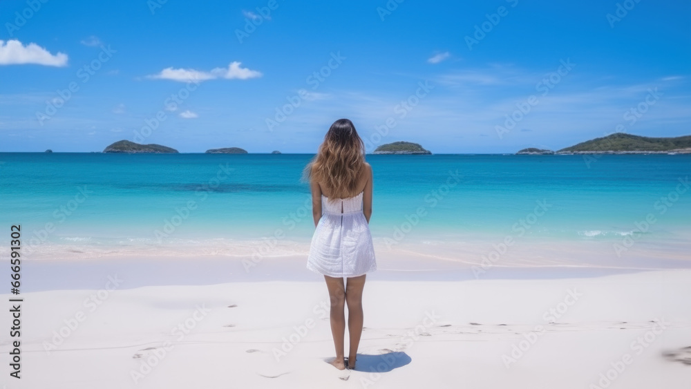femme seule de dos sur une plage déserte des caraïbes, eau turquoise et ciel bleu - obrazy, fototapety, plakaty 