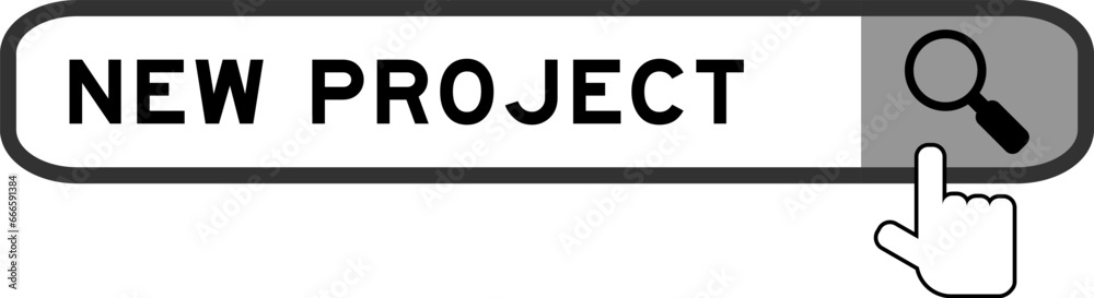 Search banner in word new project with hand over magnifier icon on white background Search banner in word new project with hand over magnifier icon on white background