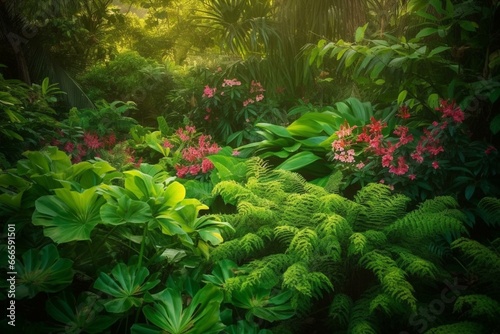 Lush foliage  vibrant flowers  and stunning greenery  perfect for web photos  magazines  and books. Generative AI