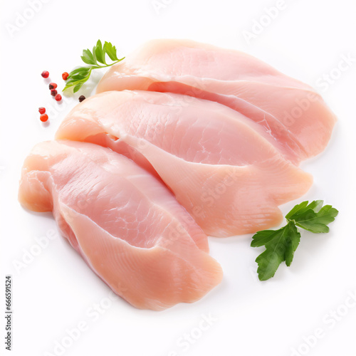 Raw chicken thigh meat without bone and without skin with rosemary leaves on a white background isolade.Close up, space for text, copyspace