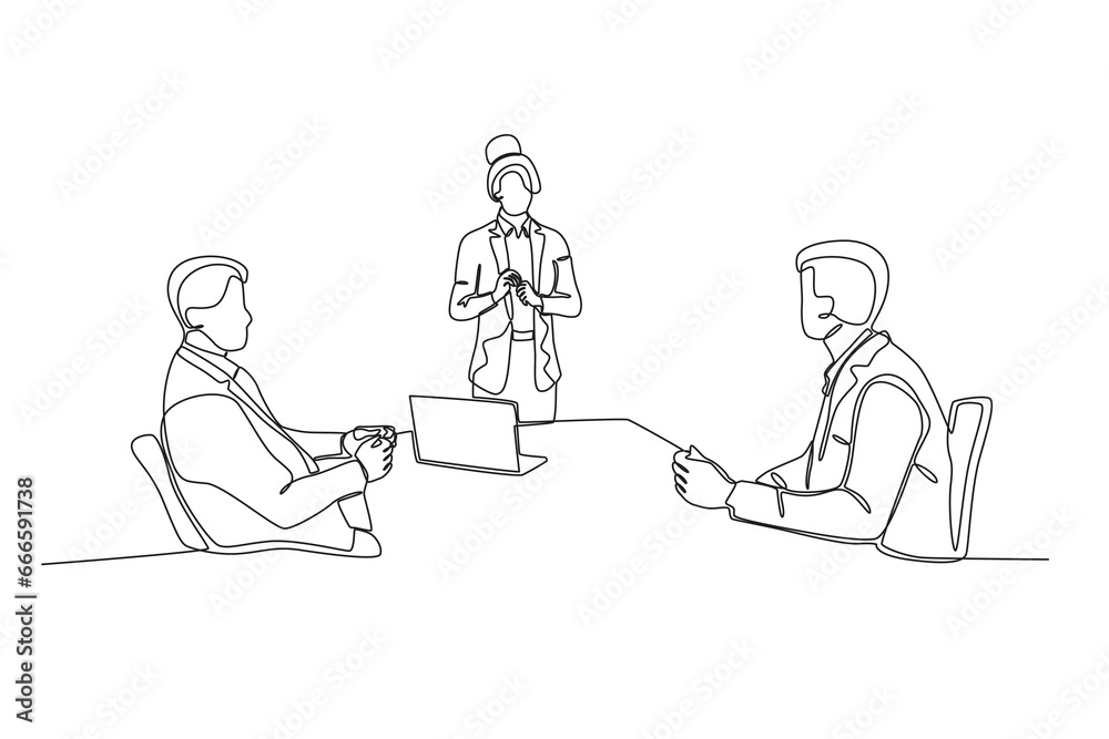 A leader meeting with his employees. Corporate leader one-line drawing A leader meeting with his employees. Corporate leader one-line drawing