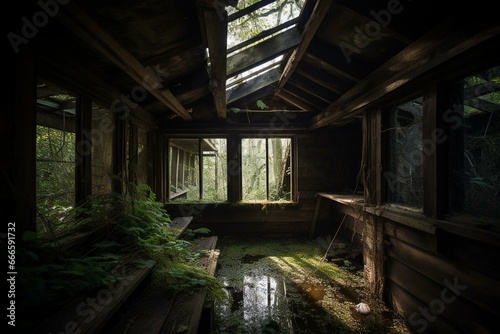 Discovering the captivating inside of an aged wetland dwelling. Generative AI