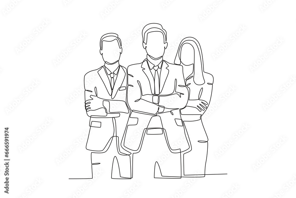 A leader and two office employees. Corporate leader one-line drawing
