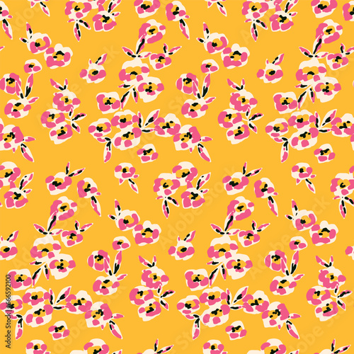 Seamless floral pattern, artistic ditsy print with retro motif. Colorful liberty ditsy print with small cute plants: tiny hand drawn flowers, leaves on a bright yellow background. Vector illustration.