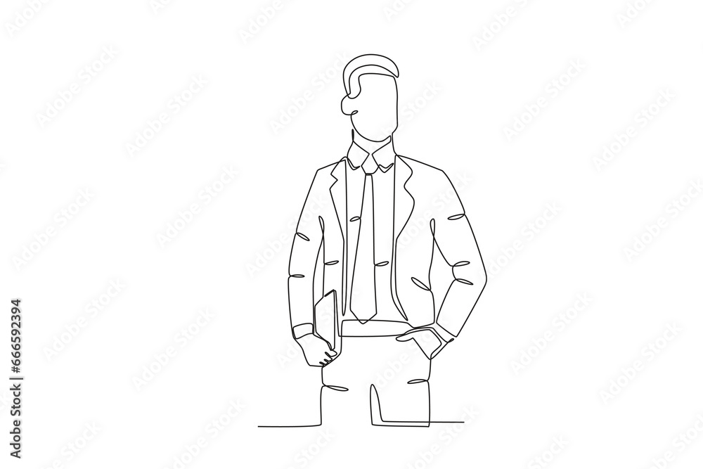 A leader stands holding a company file. Corporate leader one-line drawing