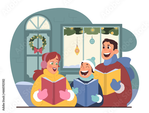 Christmas celebration. Cheerful family members wearing warm outwear