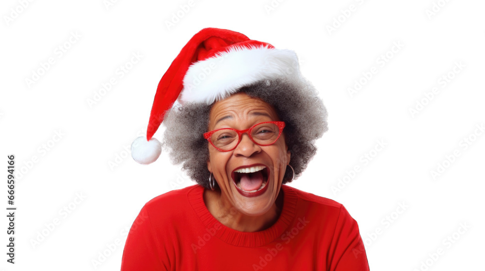 Close up portrait of mature black woman wearing Santa Claus hat during Christmas. Transparent background or PNG file. Generated by AI Close up portrait of mature black woman wearing Santa Claus hat during Christmas. Transparent background or PNG file. Generated by AI