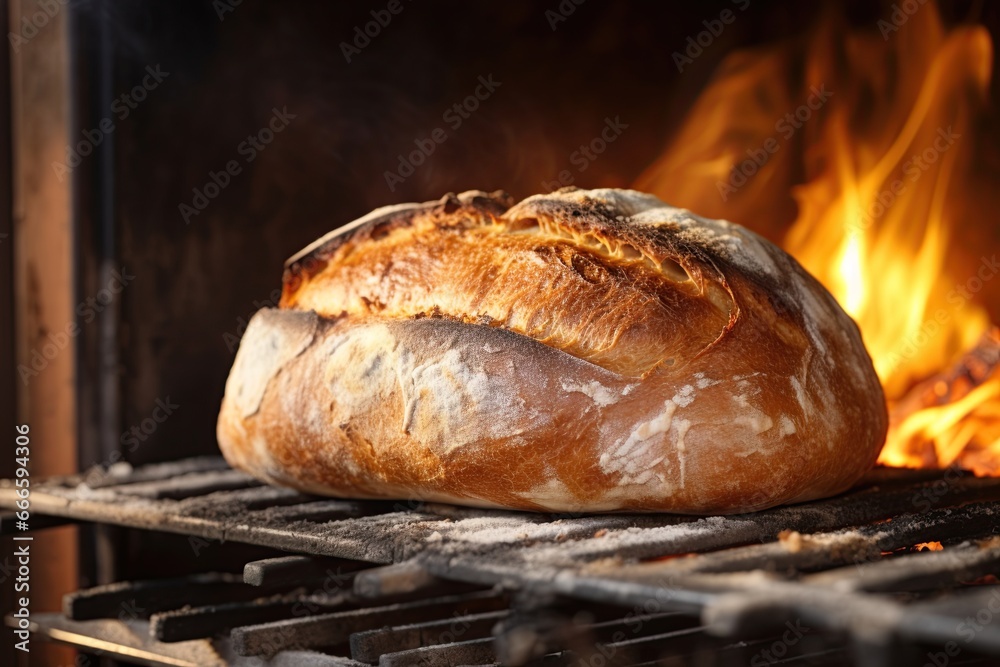 Loaf of rustic bread wit wood fired owen in background. Generative Ai Loaf of rustic bread wit wood fired owen in background. Generative Ai