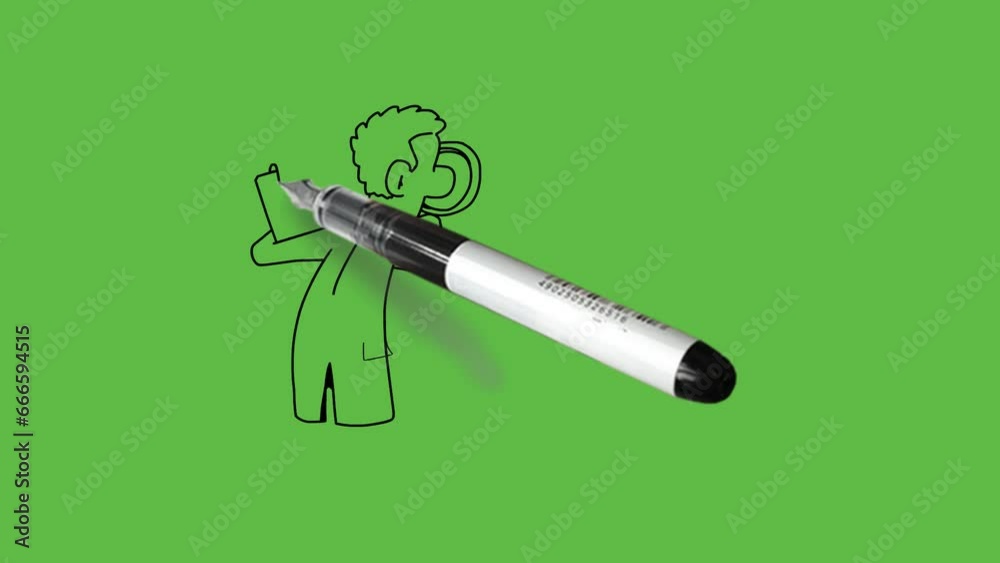draw standing young man lean forward on table see computer screen through handy magnified lens carry paper board in left hand with black outline on abstract green screen background 
