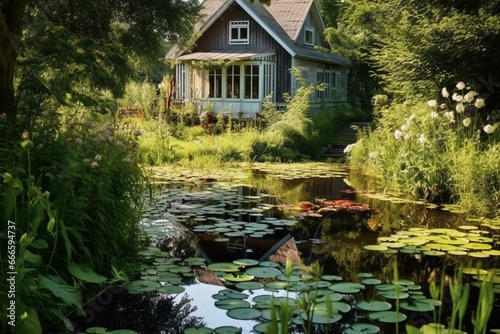 a house with a garden pond during summertime. Generative AI