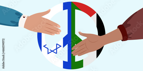 Israel and Palestine handshake, peace symbol from Israel and Palestine flags. Peace concept vector illustration on blue background