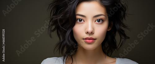 beautiful young asian woman looking at camera on grey background