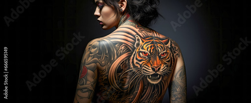Tattooed woman with a tiger tattoo on her back photo