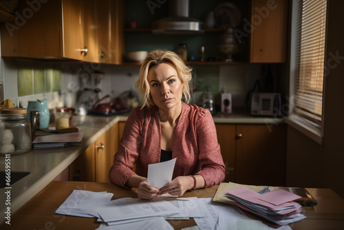 stressed blond woman with bills and paperwork at kitchen table, household cost of living photo