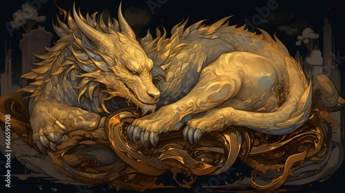 dragon sleeping on golden treasure Generative AI © Quentin