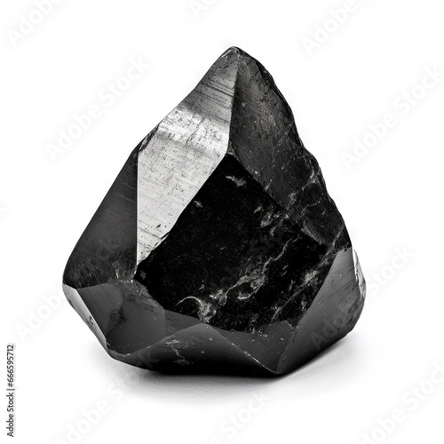 Roche d'obsidienne noire brillante isolée sur fond blanc. IA générative, IA photo