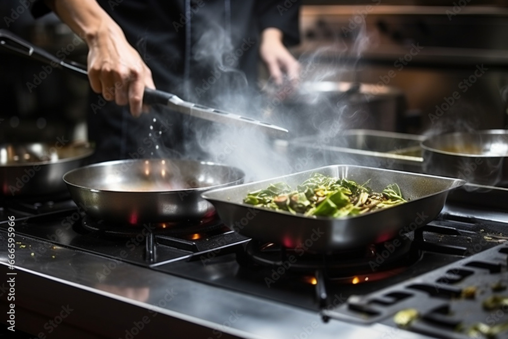 The cook works with an induction hob, The process of frying or stewing close-up The cook works with an induction hob, The process of frying or stewing close-up