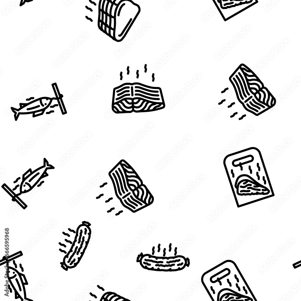 smoked meat bbq vector seamless pattern thin line illustration