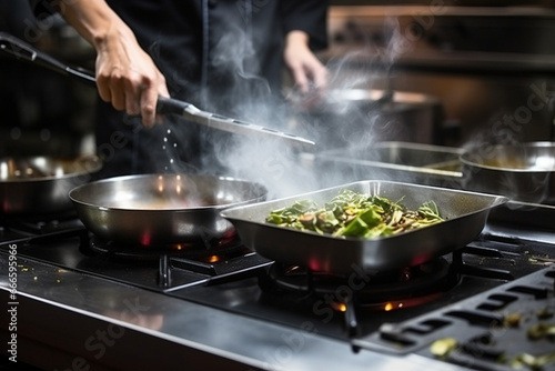 The cook works with an induction hob, The process of frying or stewing close-up