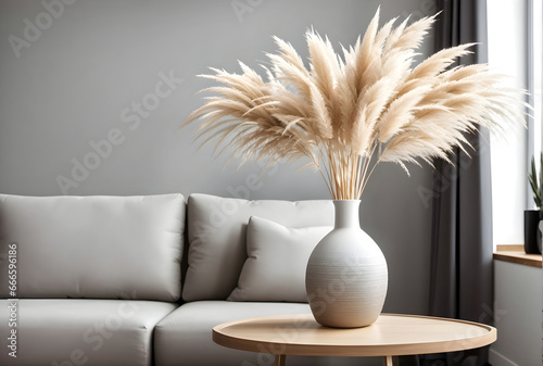 Pampas grass in vase on table with gray sofa and white wall, space for text.