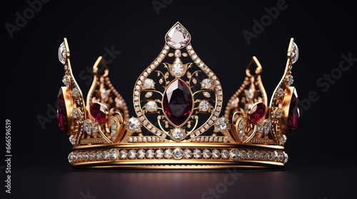 Detailed Queen Crown Made of Gold Isolated on the Plain Background, Decorated with Precious Jewels 