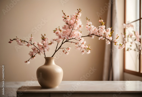 wooden table with pink flower branch in vase with beige wall background, space for text
