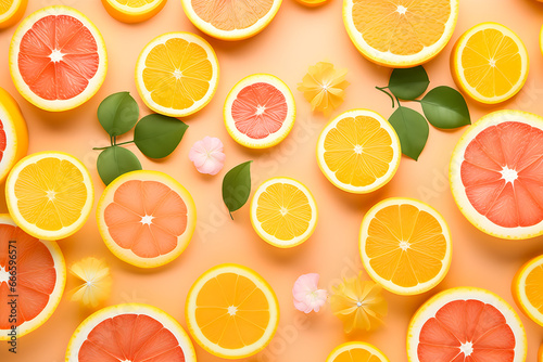 Multicolored background with colorful citrus fruits oranges, lemons and leaves, generative ai