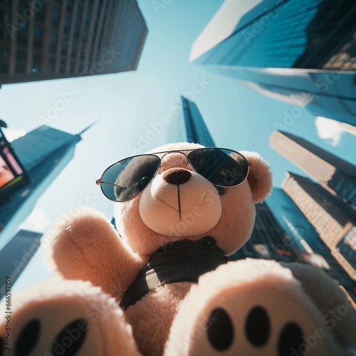 A wide shot of a teddy bear in sunglasses looking up at the tall buildings in Times Square,photorealistic photo