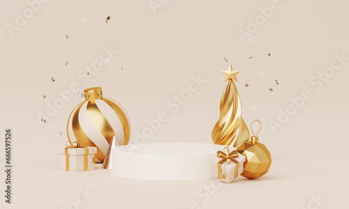 Christmas backgrounds with podium stage platform in minimal New year event theme. Merry Christmas scene for product display mock up banner. Empty stand pedestal decor in Xmas winter scene. 3D render.