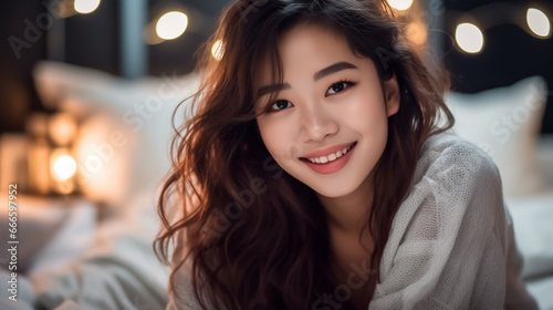 happy young asian woman with dark hair on bed, relaxed and cozy atmosphere, warmth and contentment captured