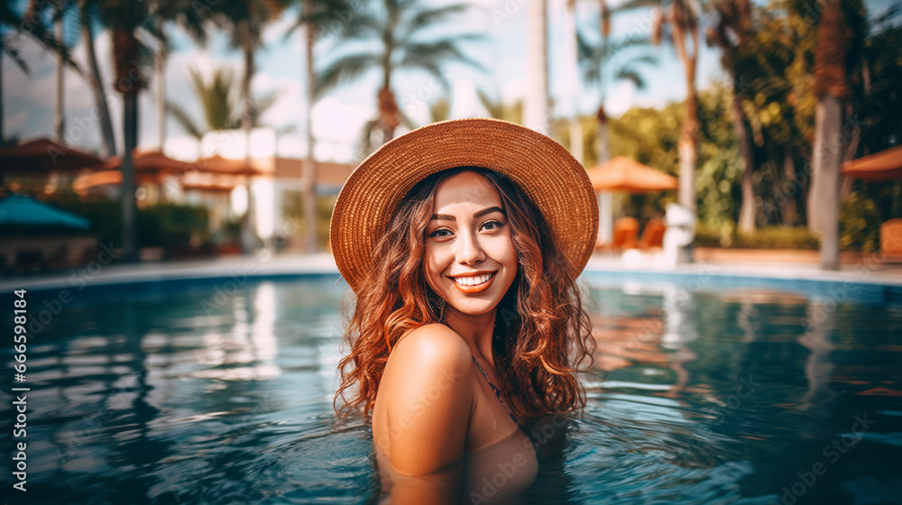 Happy woman in straw hat swimming in pool, enjoying a sunny day