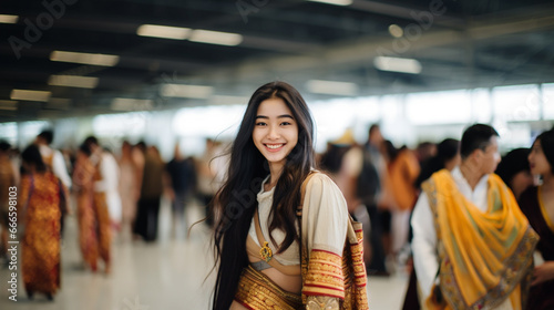 smiling asian woman in white dress, red sash, diverse crowd, joyful event © wetzkaz