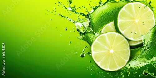 Lime slices with leaves splashing in water isolated