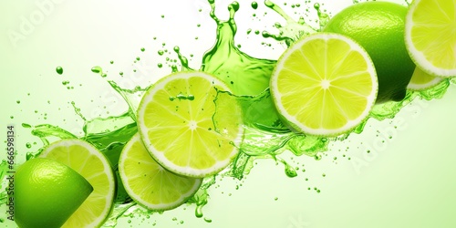 Lime slices with leaves splashing in water isolated