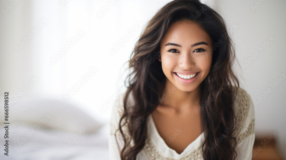 Young Asian woman with long, dark hair smiles in a white shirt, exuding joy and contentment in an indoor setting. Young Asian woman with long, dark hair smiles in a white shirt, exuding joy and contentment in an indoor setting.